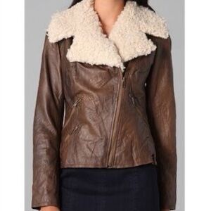 BB Dakota Hunter Size M Brown Faux Shearling Collar Bomber Moto Leather Jacket